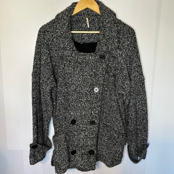 Free People Slouchy Moto Black White Jacket Shacket Wool Blend Oversized Medium - Picture 2 of 8